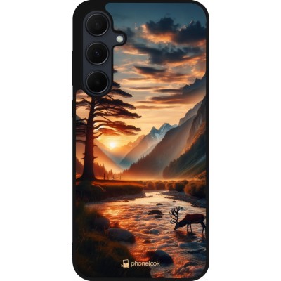 Samsung Galaxy A35 5G Case Hülle - Silikon schwarz Tal Sonnenuntergang Hirsch Baum