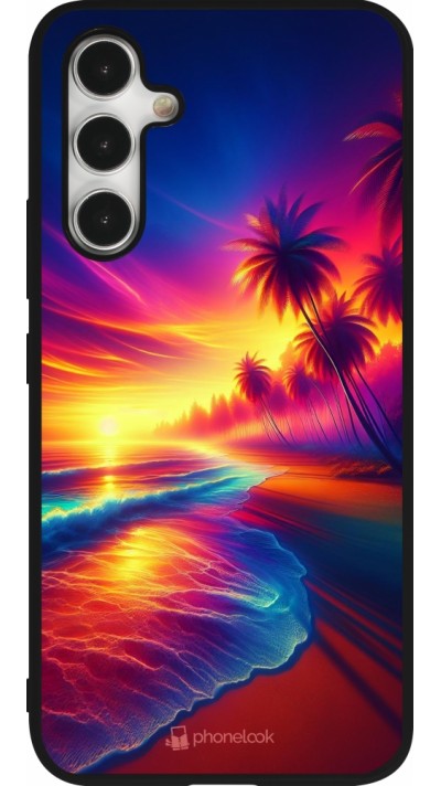 Coque Samsung Galaxy A54 5G - Silicone rigide noir Plage coucher soleil flashy Coque Samsung Galaxy A54 5G - Silicone rigide noir Plage coucher soleil flashy