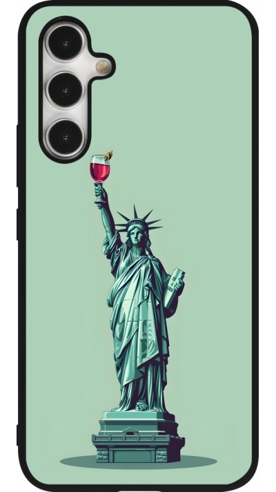 Coque Samsung Galaxy A54 5G - Silicone rigide noir Wine Statue de la liberté avec un verre de vin Coque Samsung Galaxy A54 5G - Silicone rigide noir Wine Statue de la liberté avec un verre de vin