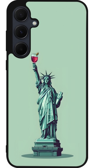 Coque Samsung Galaxy A56 - Silicone rigide noir Wine Statue de la liberté avec un verre de vin