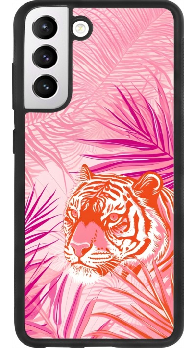 Coque Samsung Galaxy S21 FE 5G - Silicone rigide noir Tigre palmiers roses