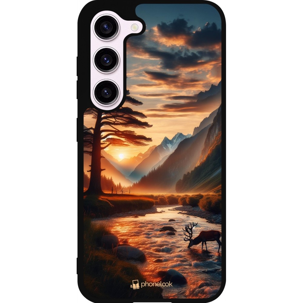 Samsung Galaxy S23 Case Hülle - Silikon schwarz Tal Sonnenuntergang Hirsch Baum