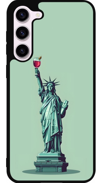 Coque Samsung Galaxy S23+ - Silicone rigide noir Wine Statue de la liberté avec un verre de vin Coque Samsung Galaxy S23+ - Silicone rigide noir Wine Statue de la liberté avec un verre de vin
