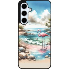 Coque Samsung Galaxy S24 FE - Silicone rigide noir Flamant rose aquarelle