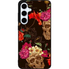 Coque Samsung Galaxy S24 FE - Silicone rigide noir Skulls and flowers