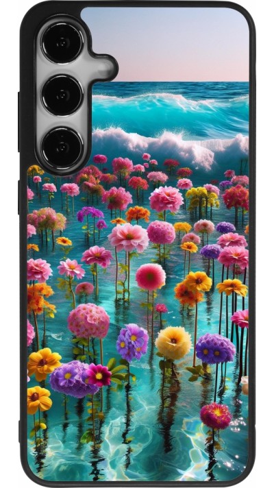 Coque Samsung Galaxy S24+ - Silicone rigide noir Flower sea waves