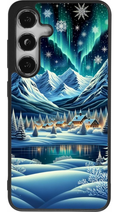 Samsung Galaxy S25 Case Hülle - Silikon schwarz Verschneites Bergdorf am See in der Nacht