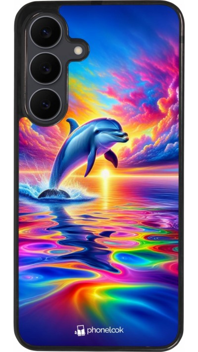 Coque Samsung Galaxy S25 FE - Silicone rigide noir Dauphin arc-en-ciel heureux
