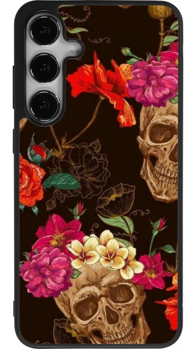 Samsung Galaxy S25+ Case Hülle - Silikon schwarz Skulls and flowers