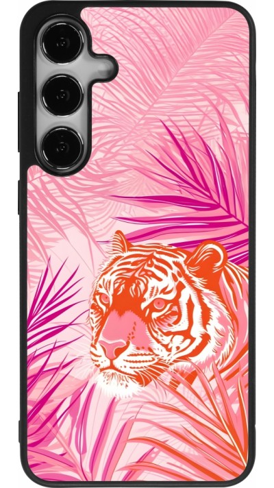 Coque Samsung Galaxy S25+ - Silicone rigide noir Tigre palmiers roses