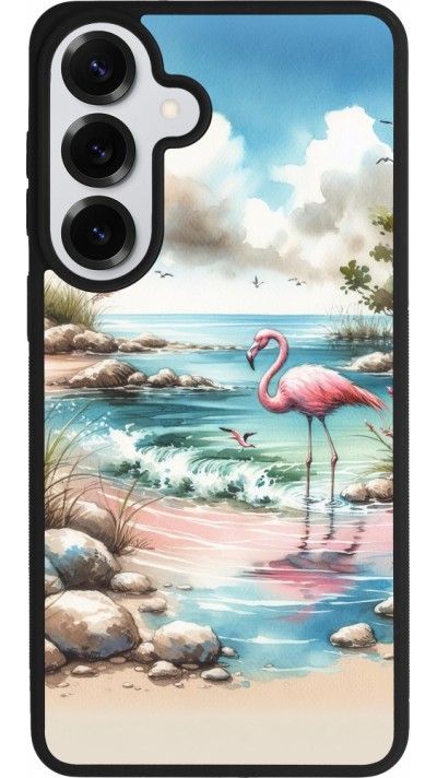 Coque Samsung Galaxy S26+ - Silicone rigide noir Flamant rose aquarelle