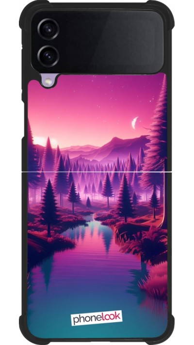 Coque Samsung Galaxy Z Flip4 - Silicone rigide noir Paysage Violet-Rose