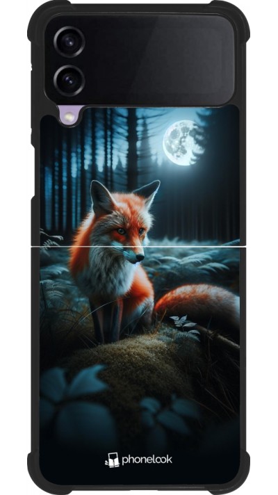 Coque Samsung Galaxy Z Flip4 - Silicone rigide noir Renard lune forêt