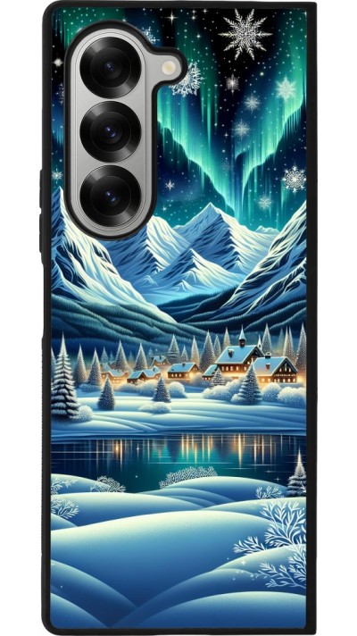 Samsung Galaxy Z Fold6 Case Hülle - Silikon schwarz Verschneites Bergdorf am See in der Nacht
