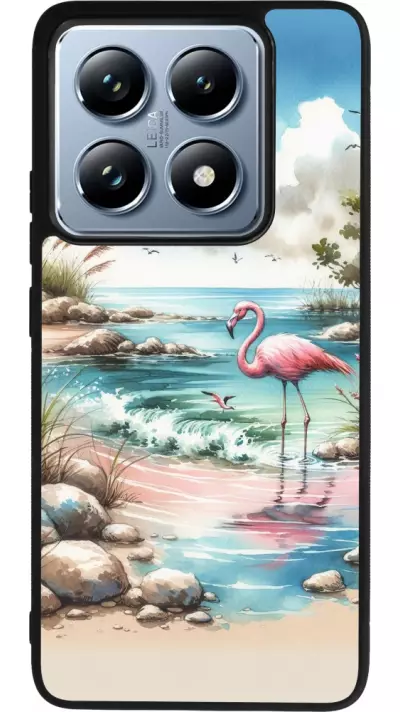 Coque Xiaomi 14T Pro - Silicone rigide noir Flamant rose aquarelle