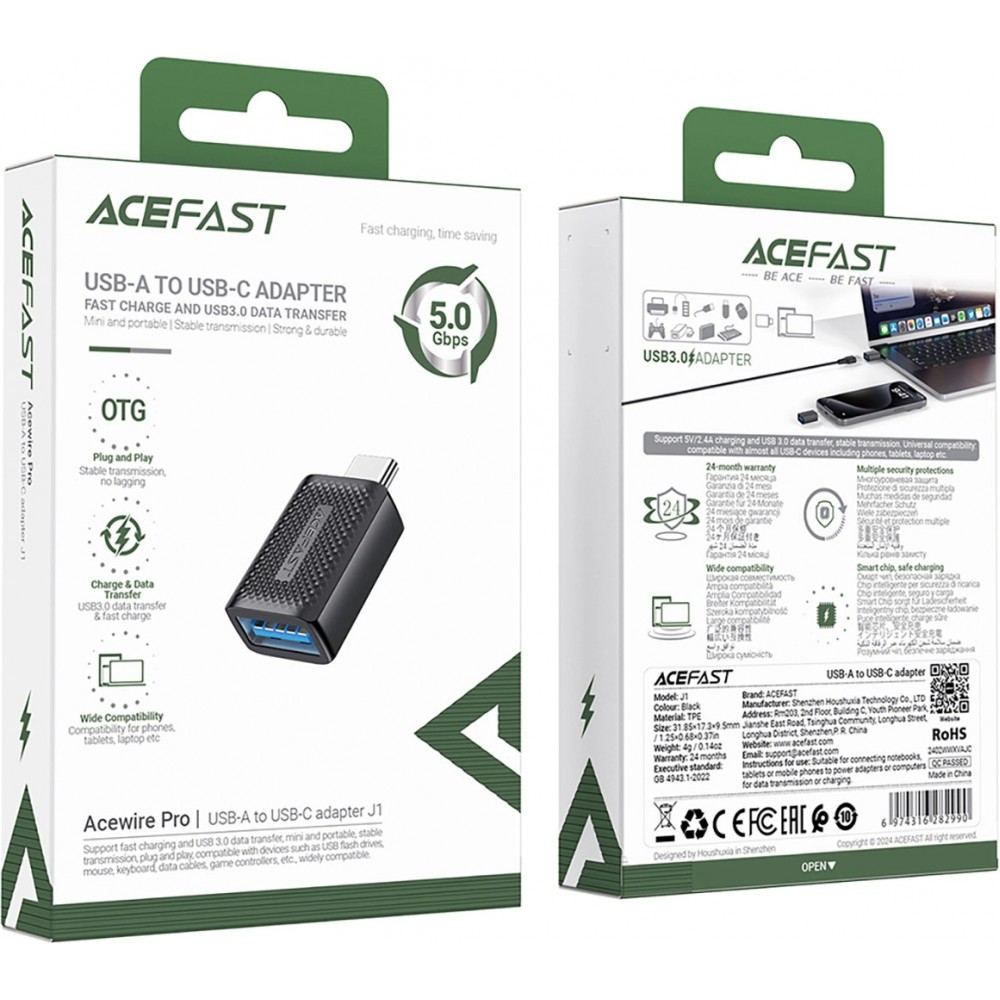 Acefast J1 - USB-A 3.0 (weiblich) zu USB-C 3.0 (männlich) Adapter 5Gb/s - Schwarz