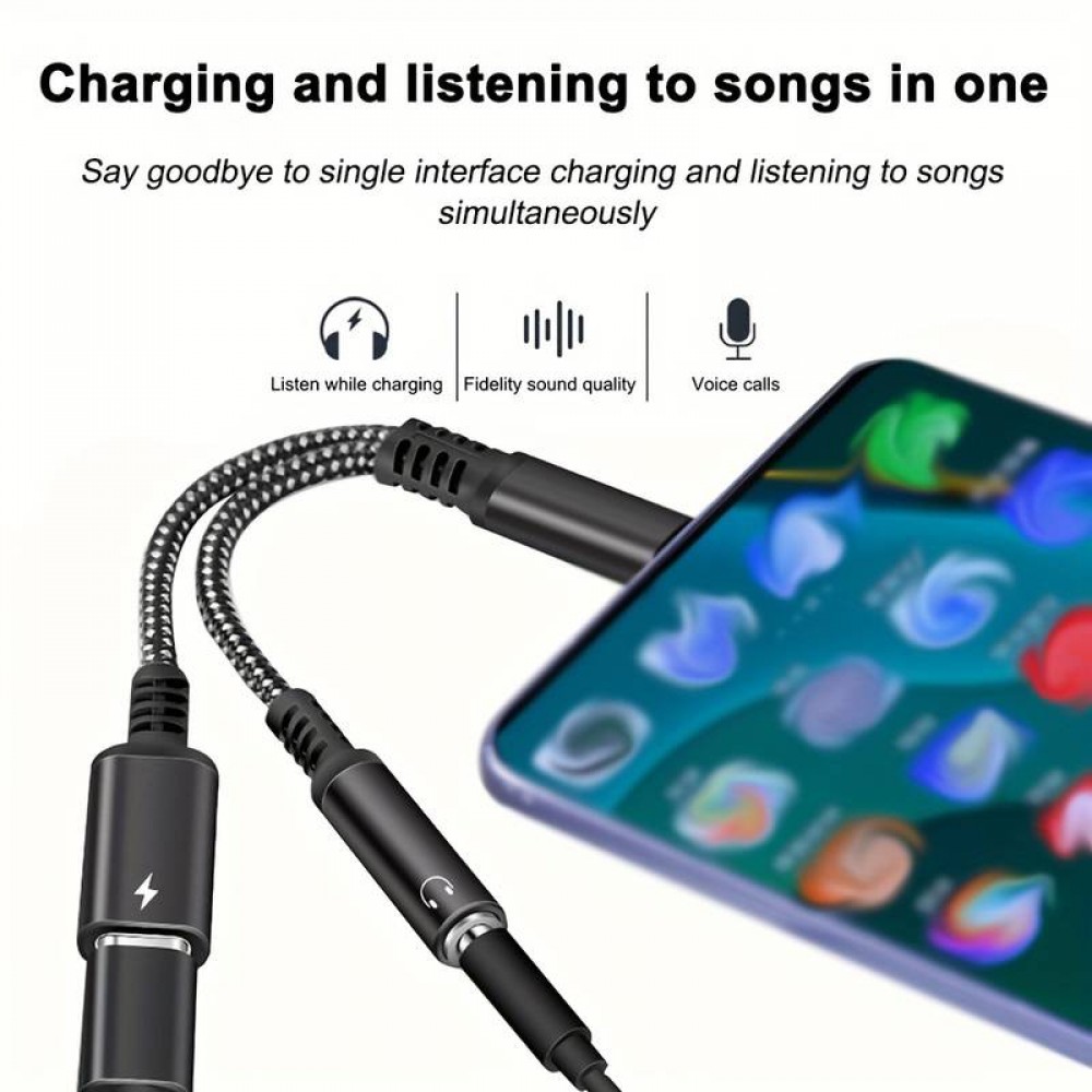 Adaptateur audio 2 en 1 USB-C vers jack 3.5mm + USB-C 30W Fast Charge - Noir