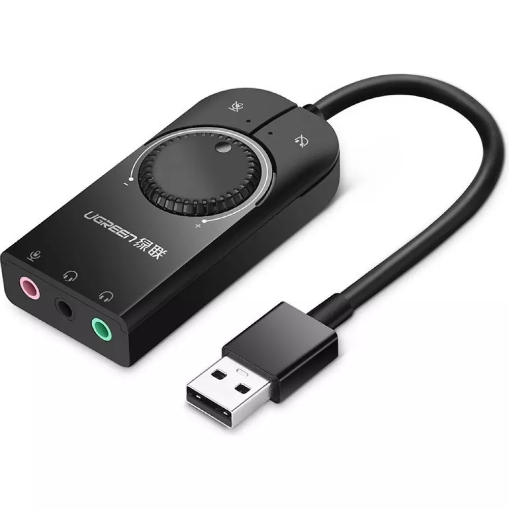 Ugreen externe Soundkarte Musikadapter USB 3.5 mm Mini Klinke mit Lautstärkeregler 15 cm - Schwarz