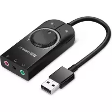 Ugreen externe Soundkarte Musikadapter USB 3.5 mm Mini Klinke mit Lautstärkeregler 15 cm - Schwarz