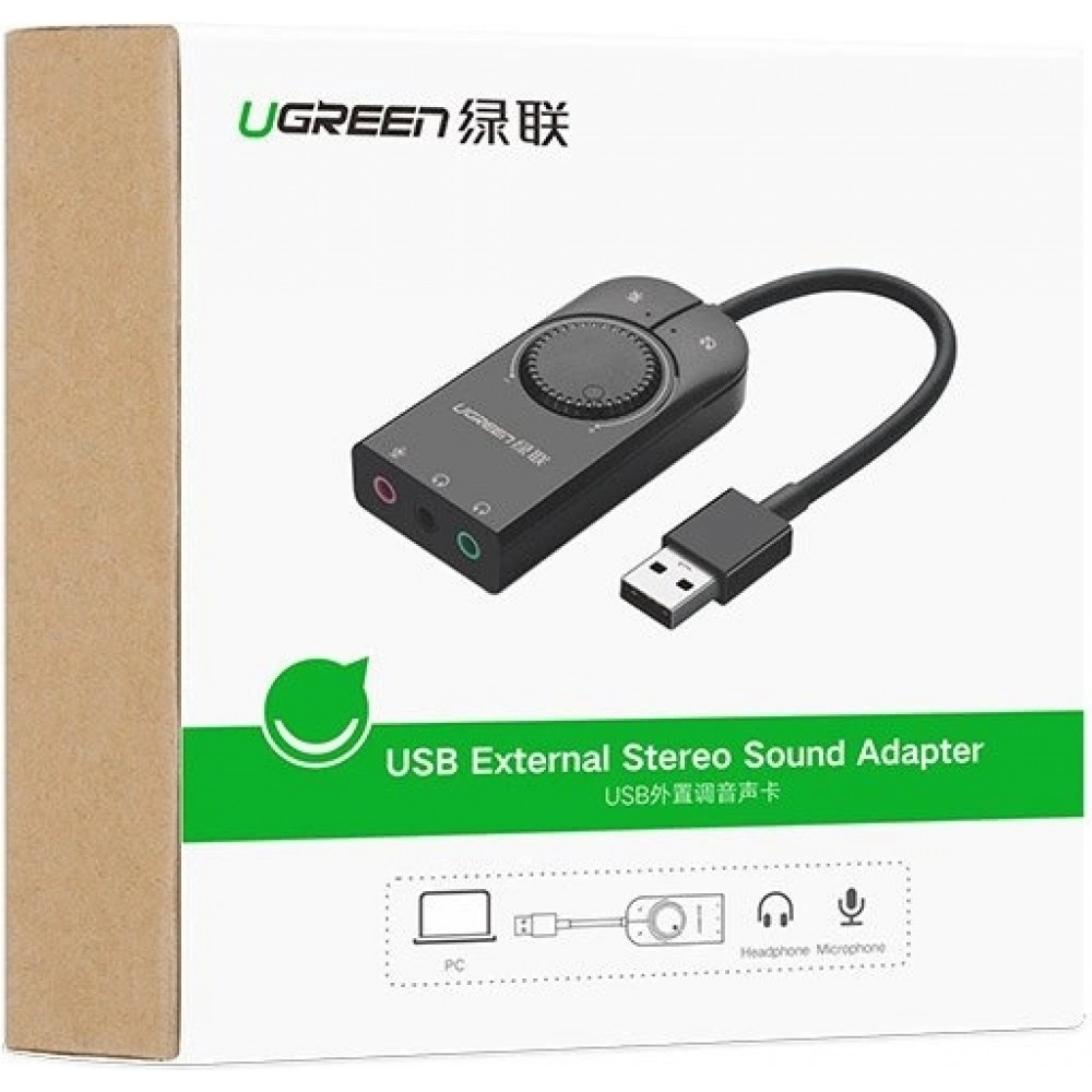 Ugreen externe Soundkarte Musikadapter USB 3.5 mm Mini Klinke mit Lautst&auml;rkeregler 15 cm - Schwarz