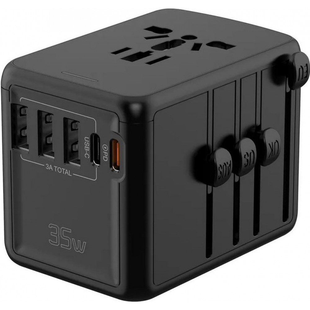 Reise Ladeadapter 35W Multistecker CH-EU-UK-US-AU 3x USB-A und 2x USB-C PowerDelivery - Schwarz