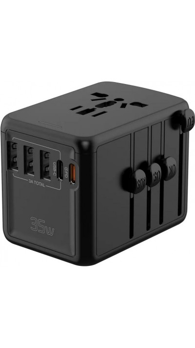 Reise Ladeadapter 35W Multistecker CH-EU-UK-US-AU 3x USB-A und 2x USB-C PowerDelivery - Schwarz