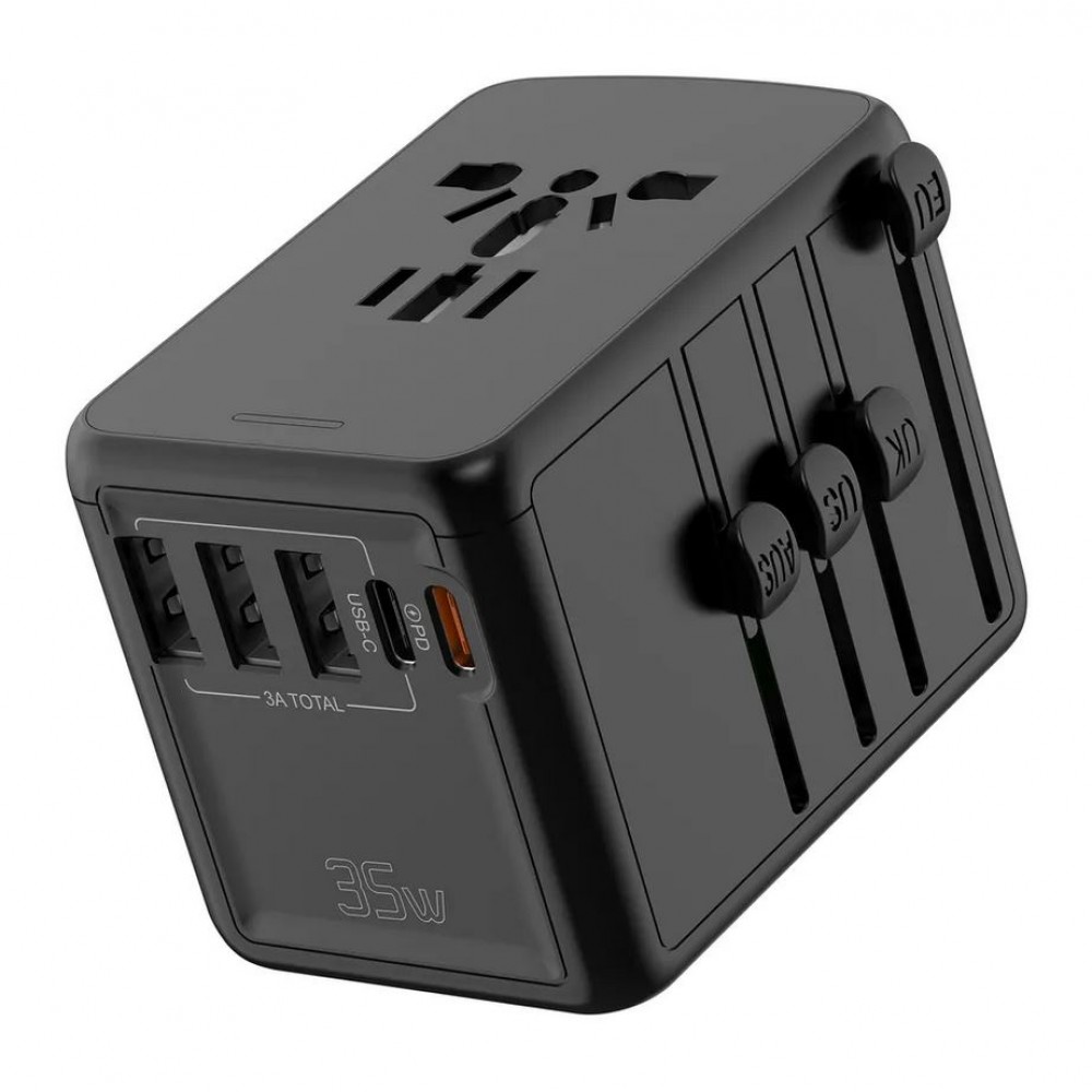 Reise Ladeadapter 35W Multistecker CH-EU-UK-US-AU 3x USB-A und 2x USB-C PowerDelivery - Schwarz
