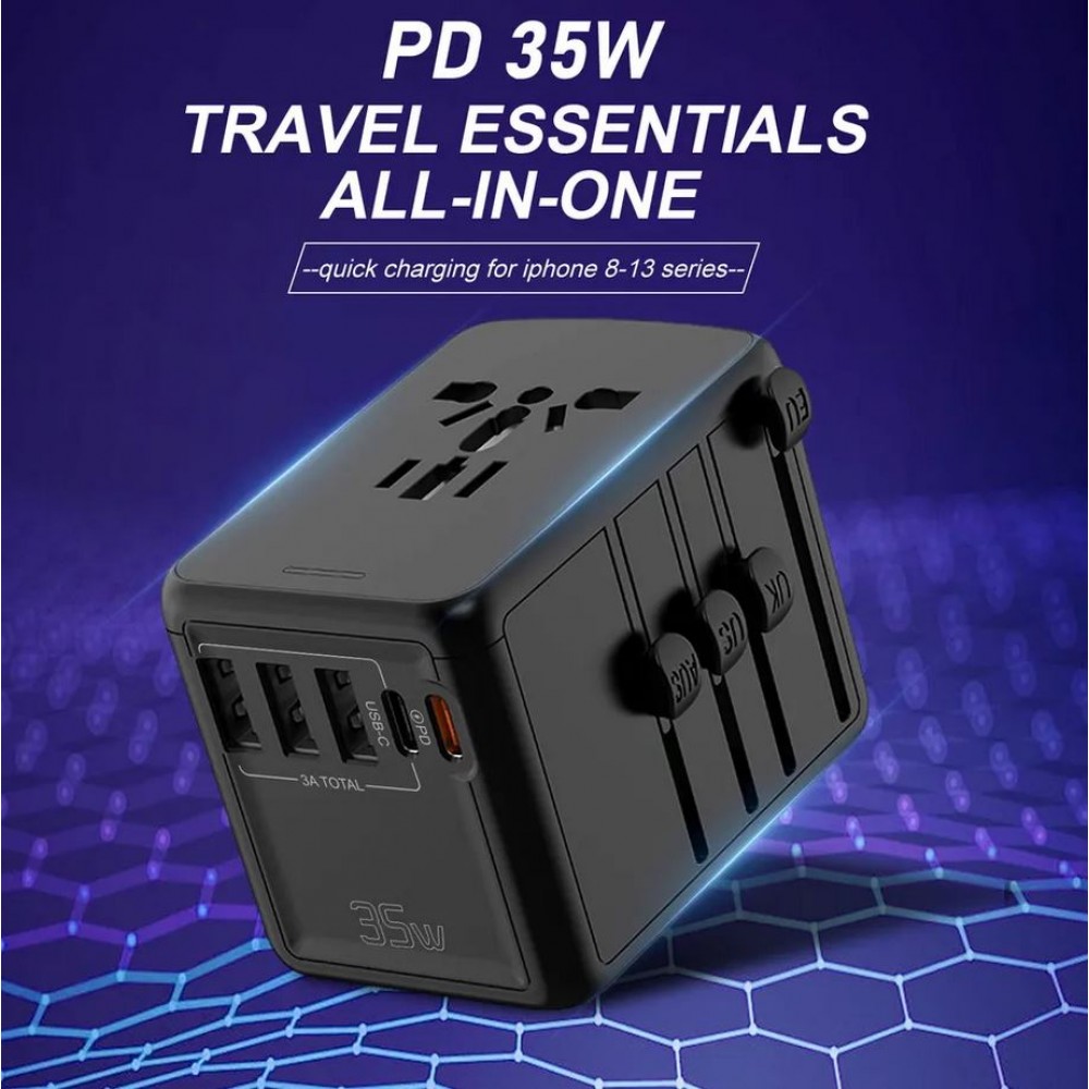 Reise Ladeadapter 35W Multistecker CH-EU-UK-US-AU 3x USB-A und 2x USB-C PowerDelivery - Schwarz
