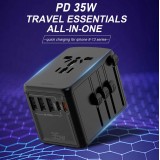 Reise Ladeadapter 35W Multistecker CH-EU-UK-US-AU 3x USB-A und 2x USB-C PowerDelivery - Schwarz
