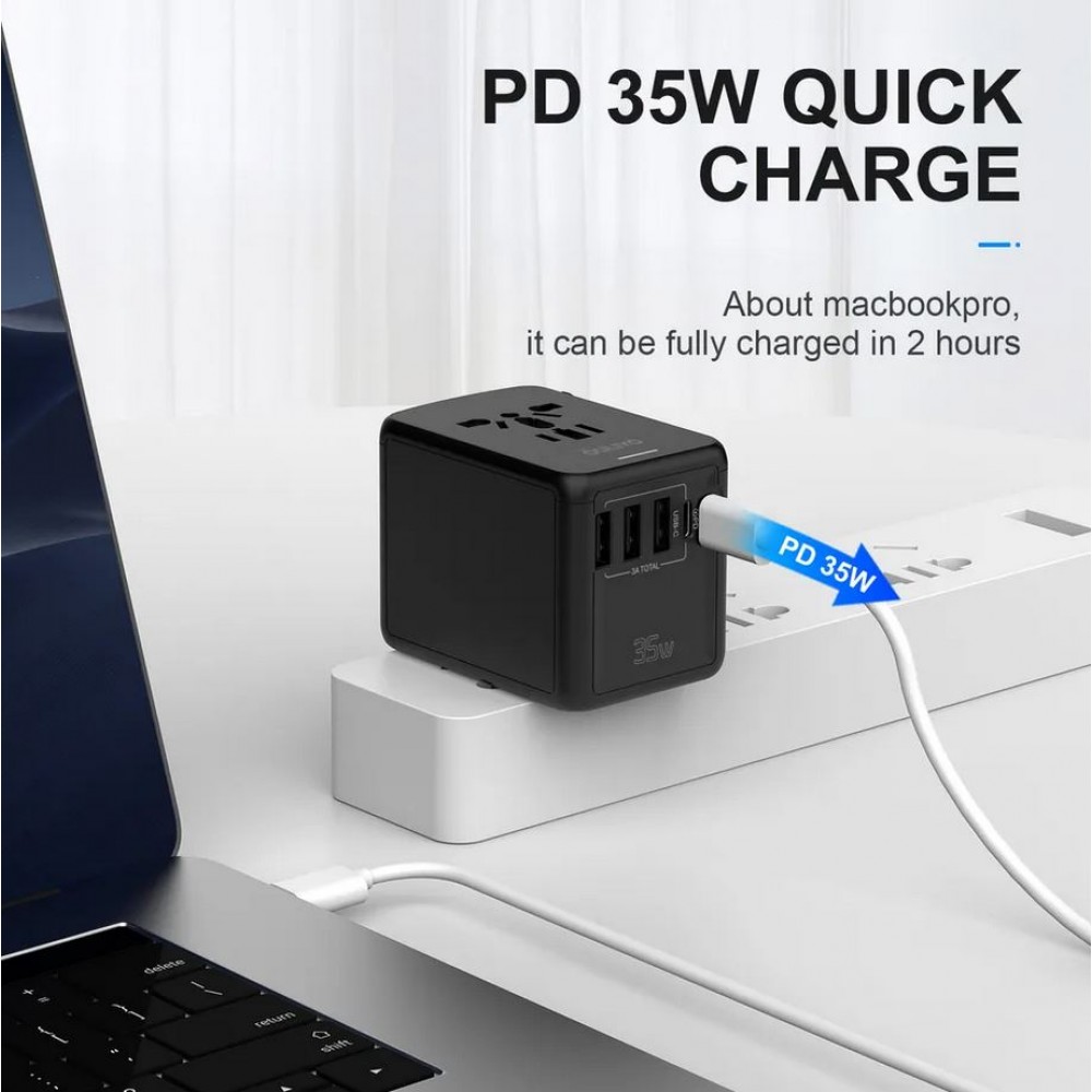 Reise Ladeadapter 35W Multistecker CH-EU-UK-US-AU 3x USB-A und 2x USB-C PowerDelivery - Schwarz