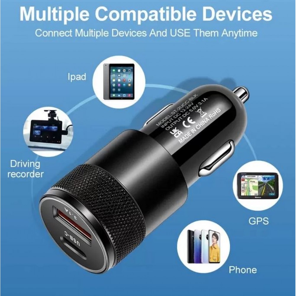 Doppel USB Zigarettenanzünder Adapter 15W 3.1A Power Delivery USB-A & USB-C - Silber