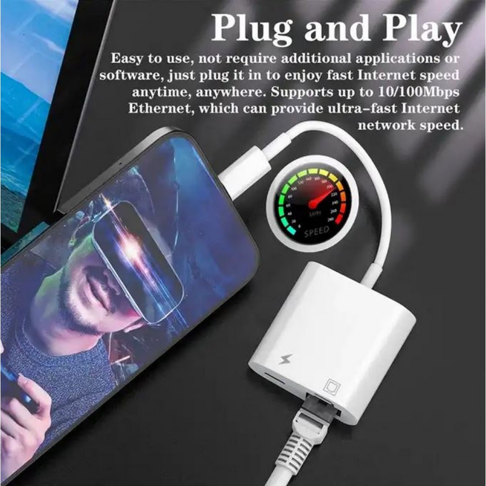 Multiport Lightning zu RJ45 Ethernet LAN Adapter mit USB-C Power Anschluss - Weiss