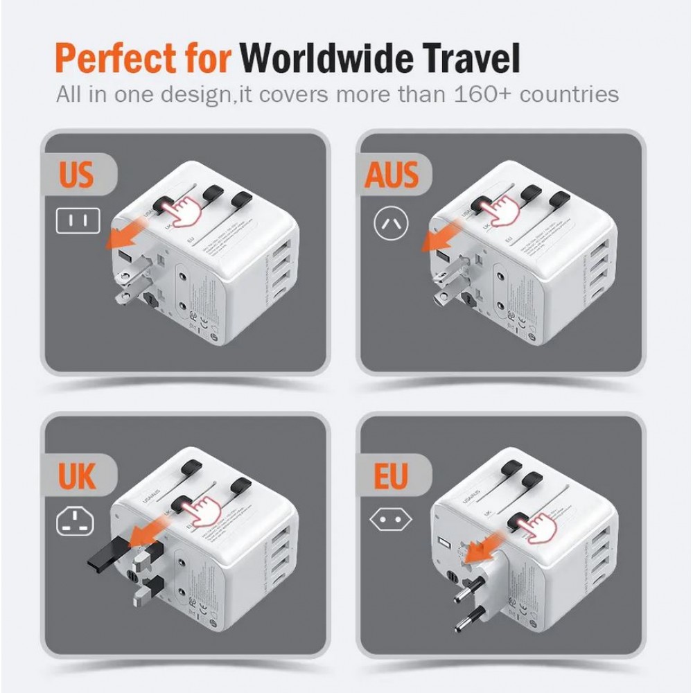 Universeller Multistecker Adapter Weltweit 5 in 1 USB-A & USB-C USA-AUS-UK-EU - Weiss