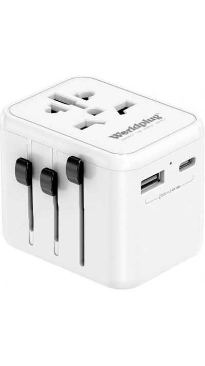 Universeller Multistecker Adapter Weltweit 5 in 1 USB-A & USB-C USA-AUS-UK-EU - Weiss