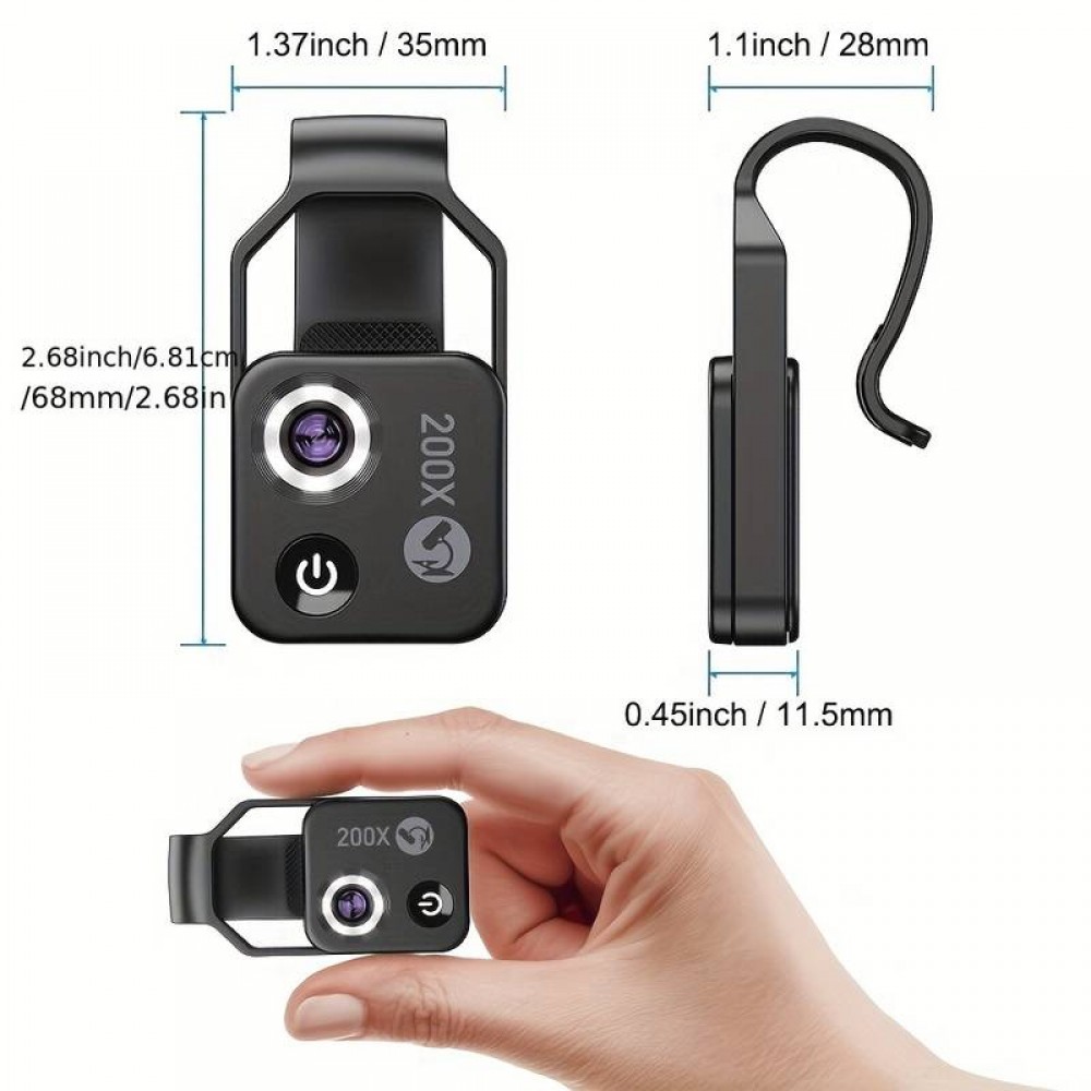 Apexel APL-MS002 Clip Mikroskopischer 200-facher optischer Universalzoom mit integriertem LED-Licht - Schwarz