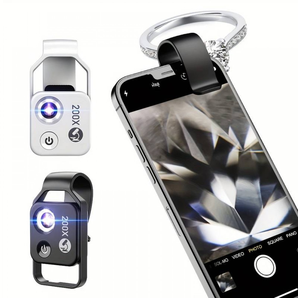 Apexel APL-MS002 Clip Mikroskopischer 200-facher optischer Universalzoom mit integriertem LED-Licht - Schwarz