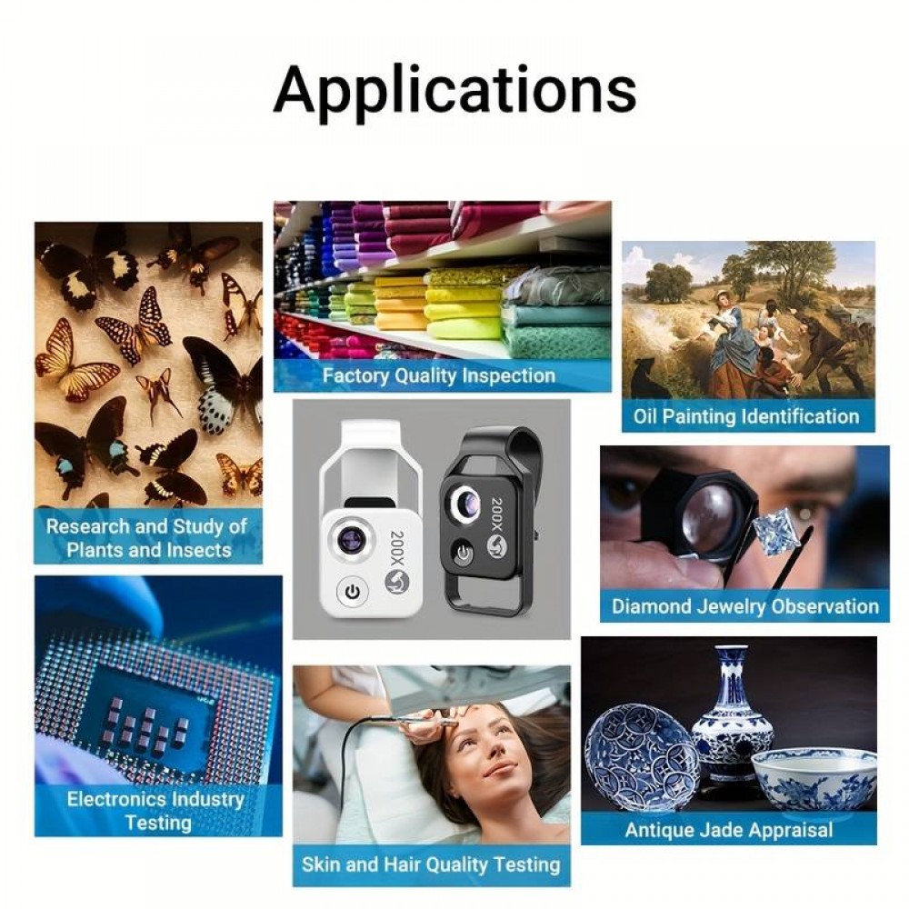 Apexel APL-MS002 Clip Mikroskopischer 200-facher optischer Universalzoom mit integriertem LED-Licht - Schwarz