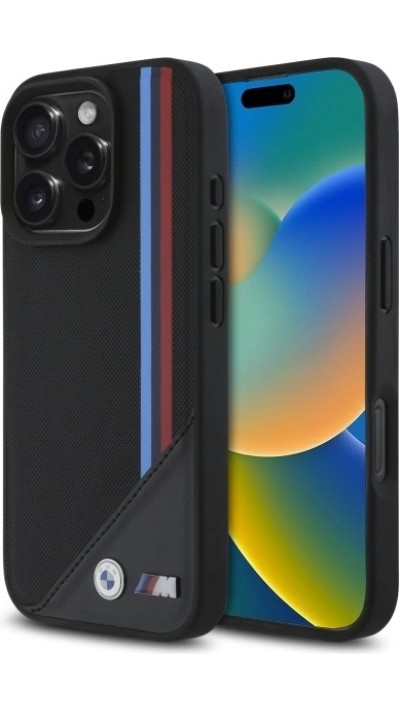iPhone 16 Pro Case Hülle - BMW M Tricolore Streifen Leder MagSafe - Schwarz