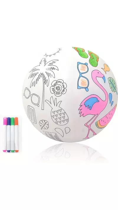 Ballon de plage gonflable DIY à colorier soi-même avec 4 feutres de couleur - Blanc
