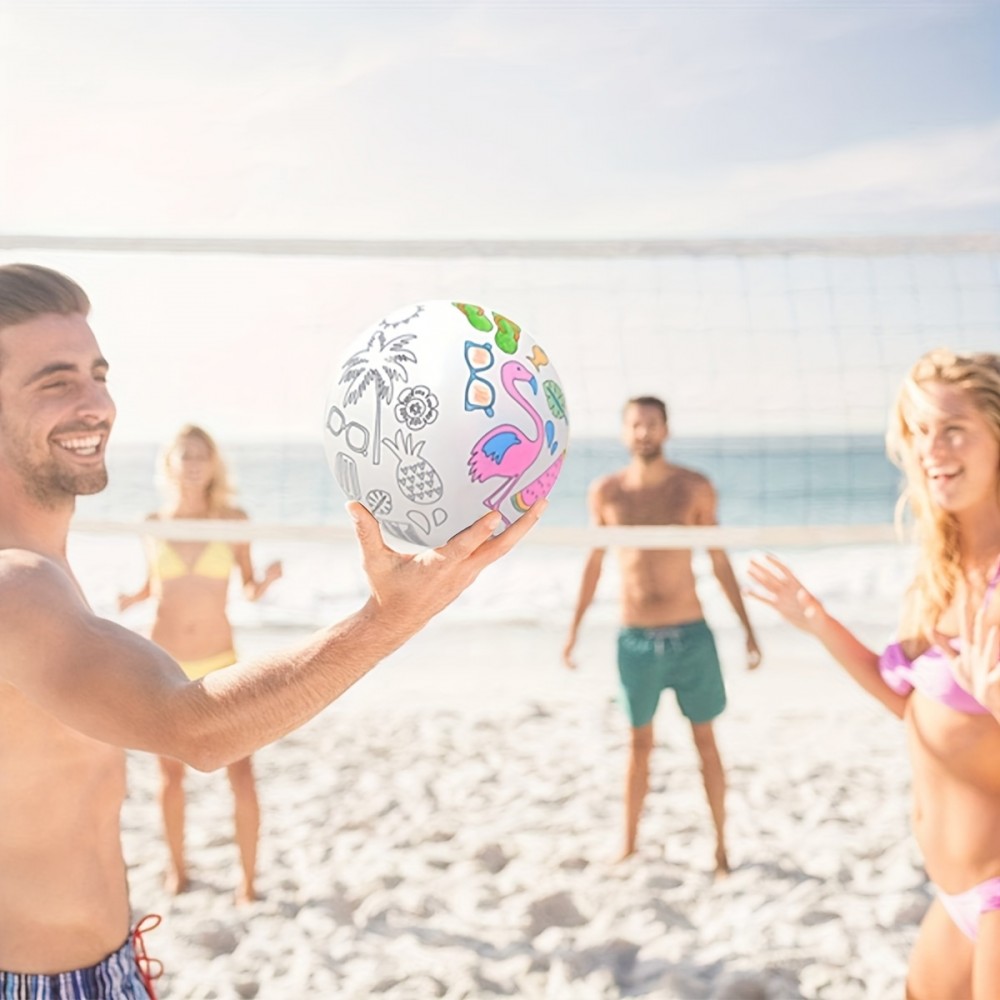 Ballon de plage gonflable DIY à colorier soi-même avec 4 feutres de couleur - Blanc