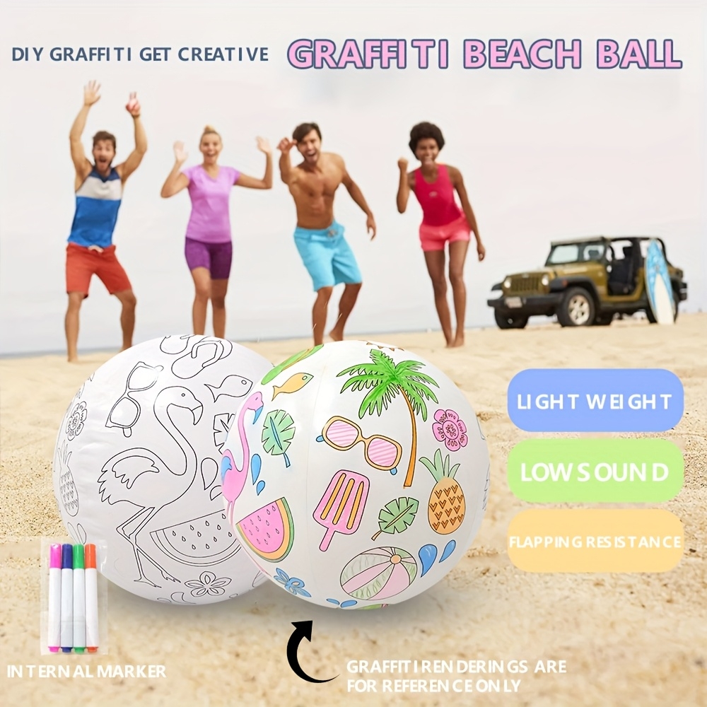 Ballon de plage gonflable DIY à colorier soi-même avec 4 feutres de couleur - Blanc