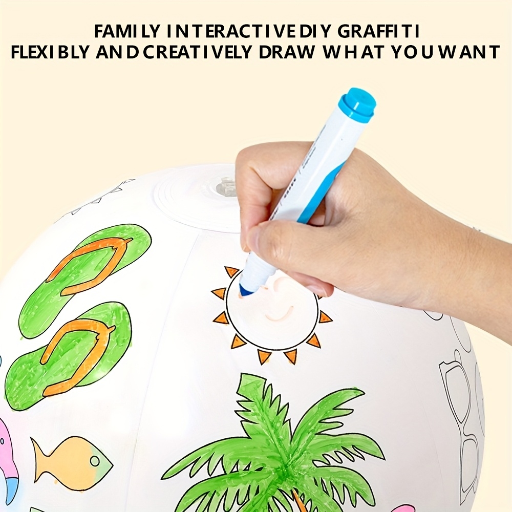 Ballon de plage gonflable DIY à colorier soi-même avec 4 feutres de couleur - Blanc