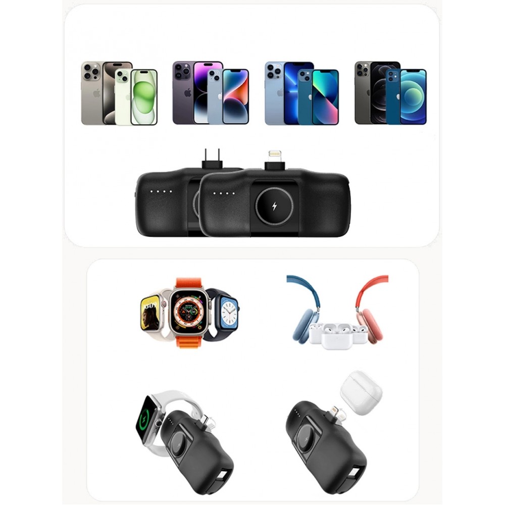 Wozinsky WF16-YCS 5000mAh 15W USB-C Mini Powerbank mit integriertem USB-C-Kabel und Apple Watch Ladegerät - Schwarz