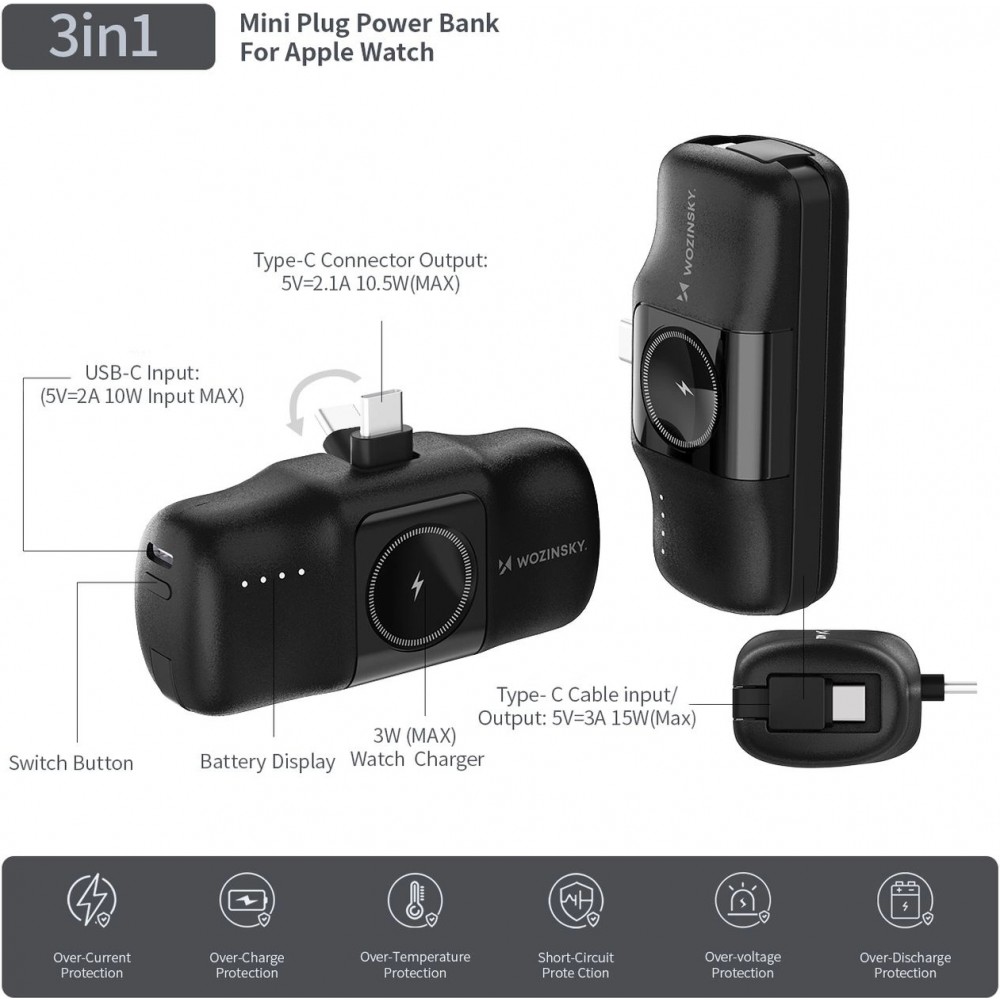 Wozinsky WF16-YCS 5000mAh 15W USB-C Mini Powerbank mit integriertem USB-C-Kabel und Apple Watch Ladegerät - Schwarz
