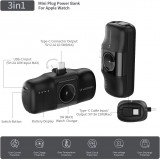 Wozinsky WF16-YCS 5000mAh 15W USB-C Mini Powerbank mit integriertem USB-C-Kabel und Apple Watch Ladegerät - Schwarz