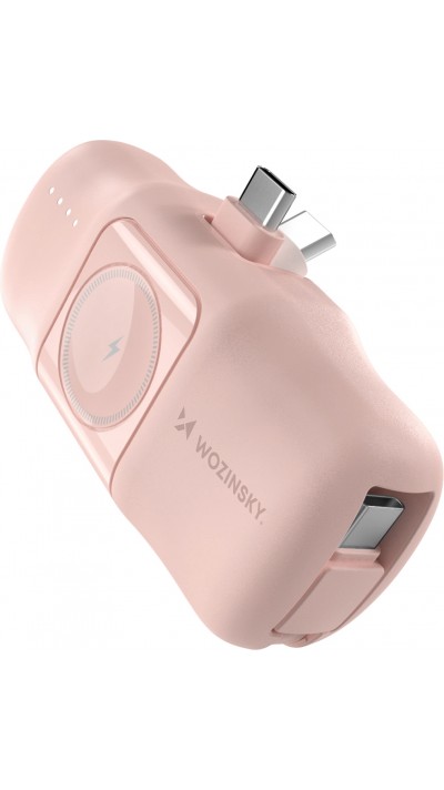 Wozinsky WF16-YCS 5000mAh 15W USB-C Mini Powerbank mit integriertem USB-C Kabel und Apple Watch Ladegerät - Rosa