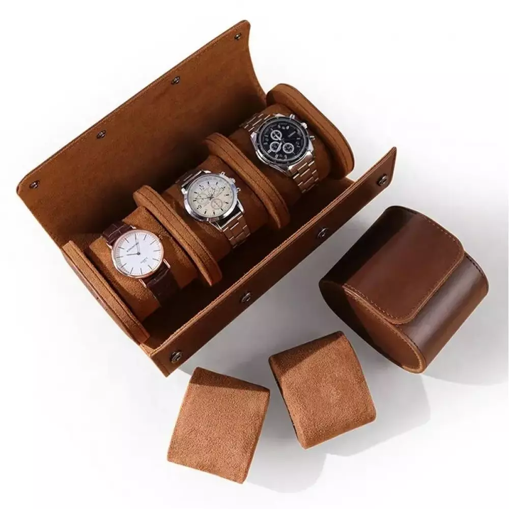 Luxuriöse und hochwertige Uhren Aufbewahrungs Box Kunstleder und weichem Uhrenkissen - 3 Uhren - Braun