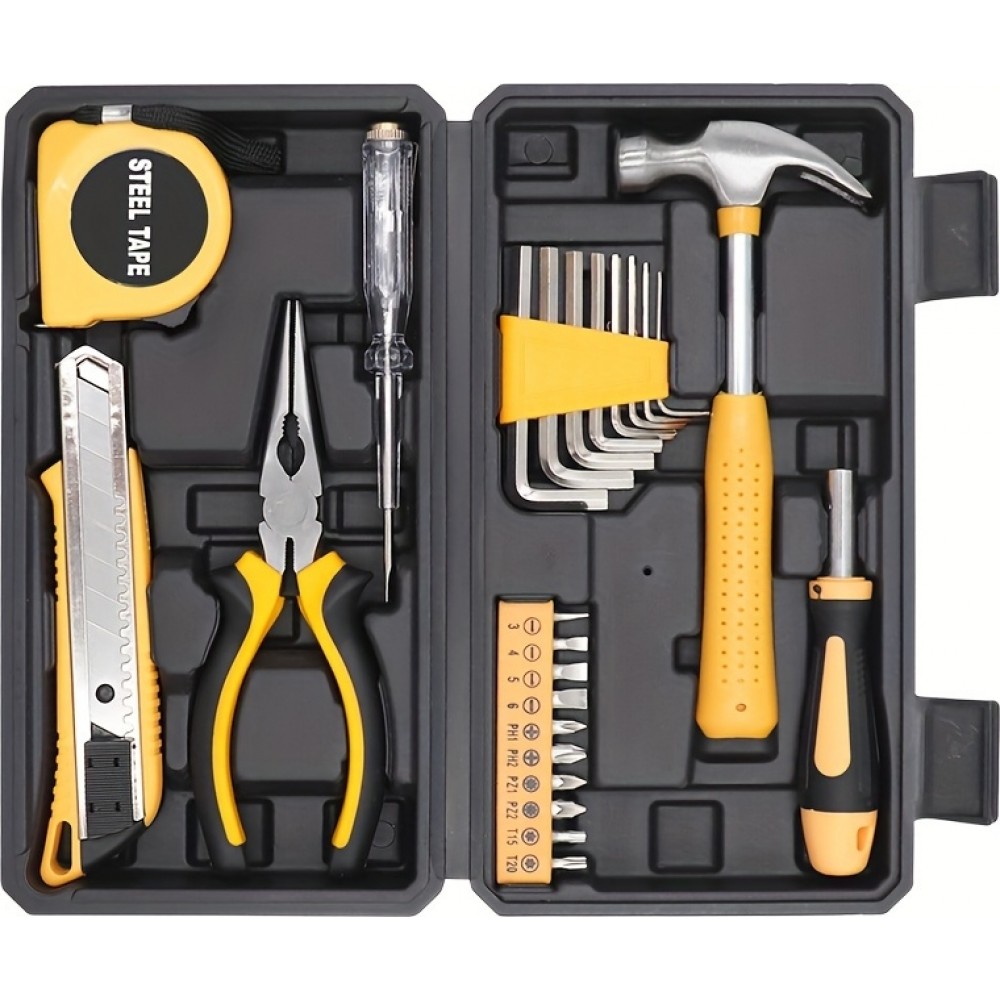 Boîte à outils 25 pièces pratique portable compacte avec les outils essentiels - Jaune