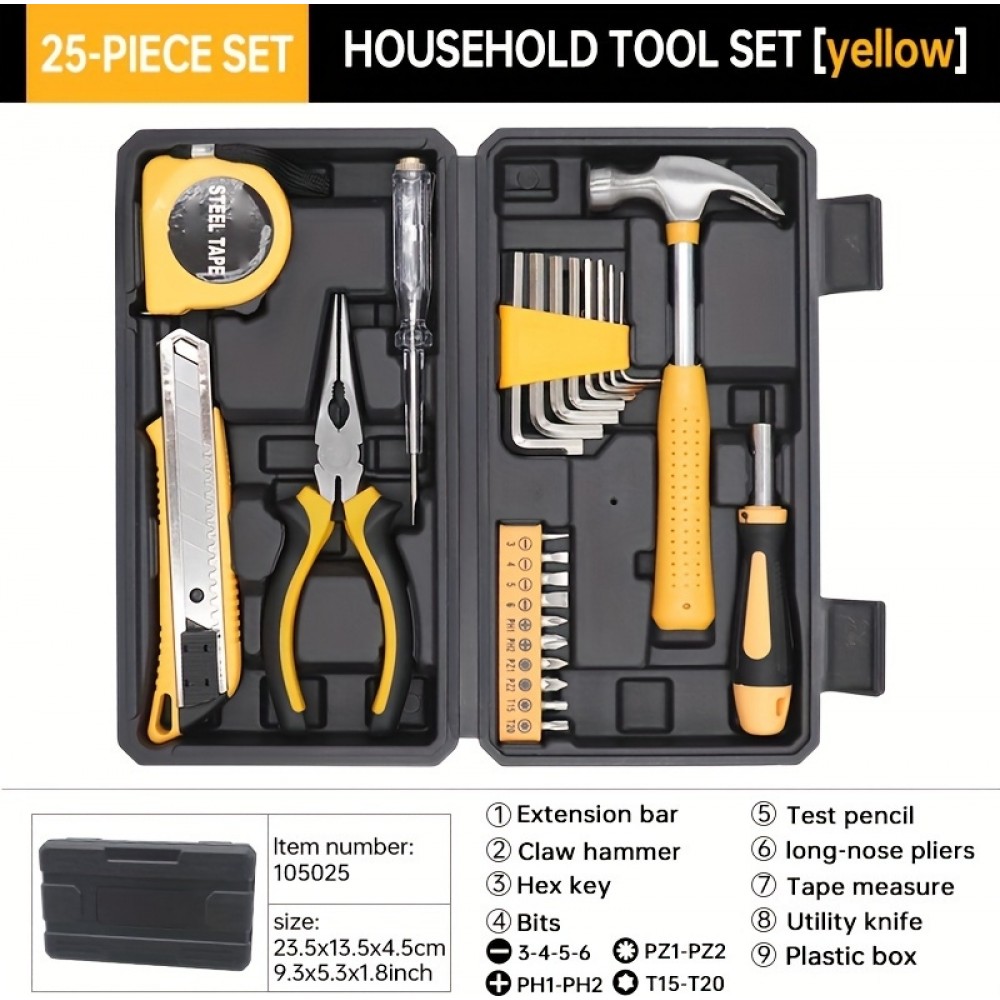 Boîte à outils 25 pièces pratique portable compacte avec les outils essentiels - Jaune
