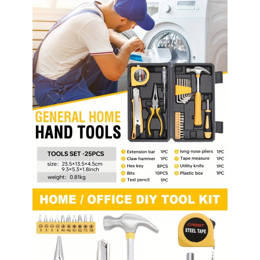 Boîte à outils 25 pièces pratique portable compacte avec les outils essentiels - Jaune